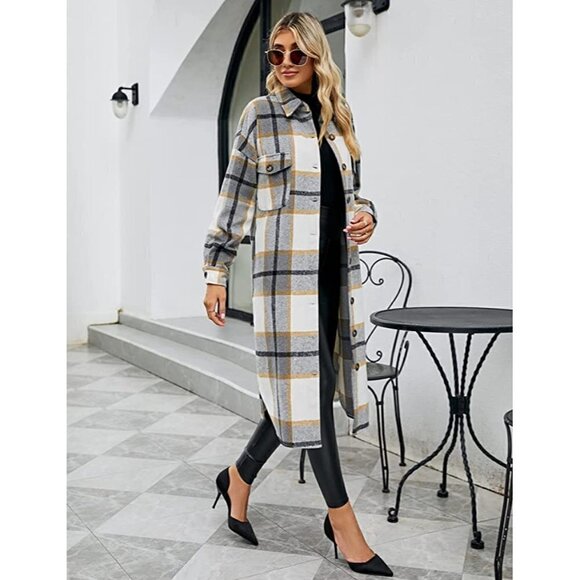 CASUAL Grey Plaid Button Down Long Puff Sleeve Trench Coat Jacket Shacket Wool - Picture 7 of 9
